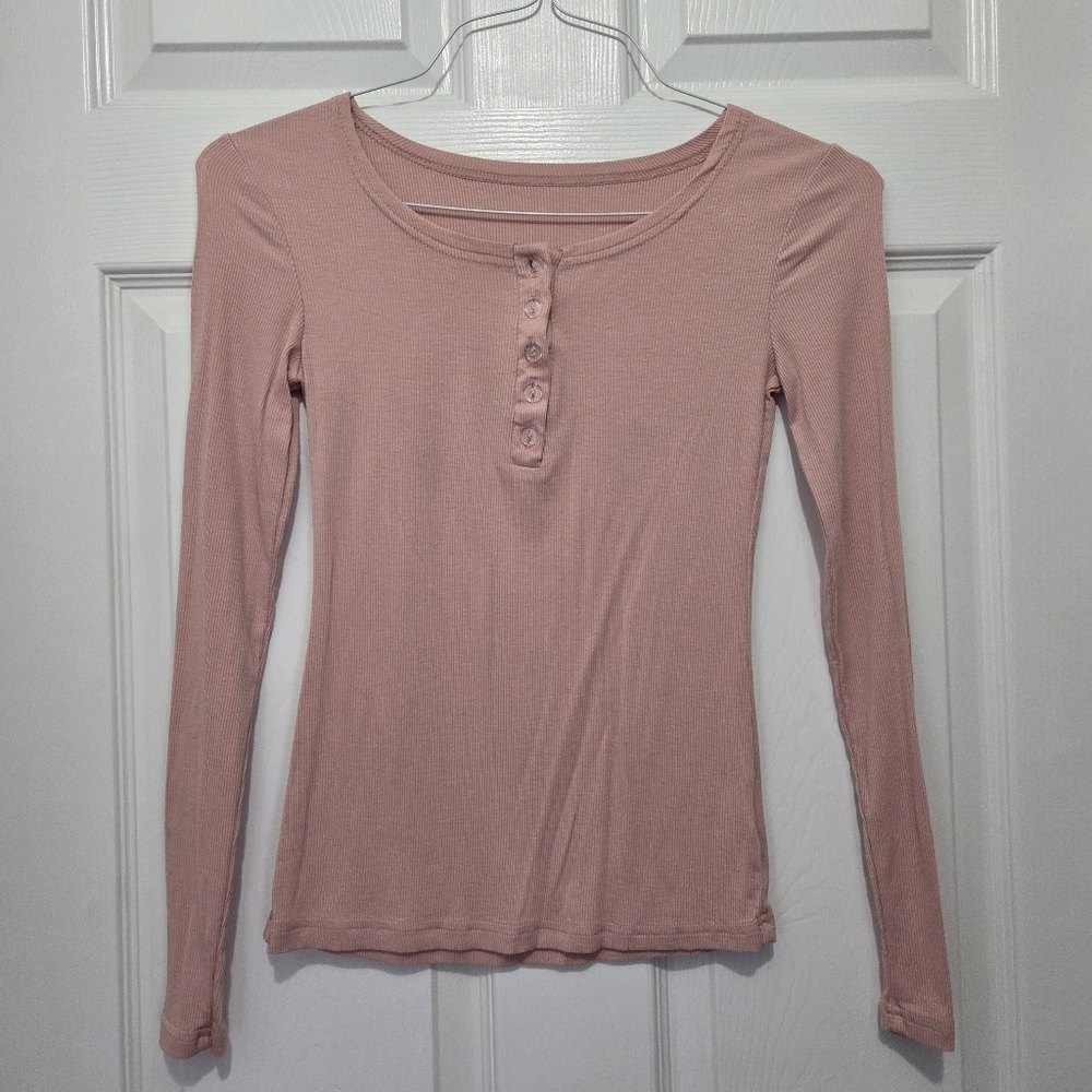 Shein Ribbed Knit Long Sleeve Dusty Pink Slim Fit V Neck Henley Top Size XS - Picture 5 of 12